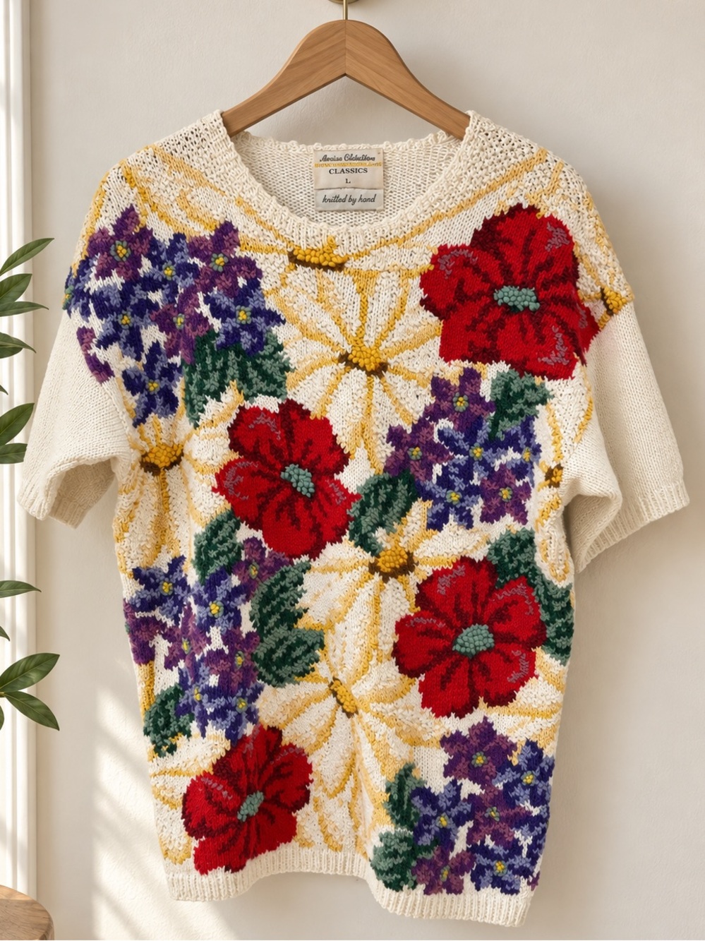 Vtg Marisa Christina Hand Knit Floral Sweater Womens L Short Sleeve Cottagecore